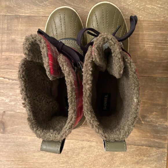 Sorel Tivoli Plaid Rain Ankle Booties Insulated Duck Boots Snow Hiking Olive 7 - Picture 3 of 6